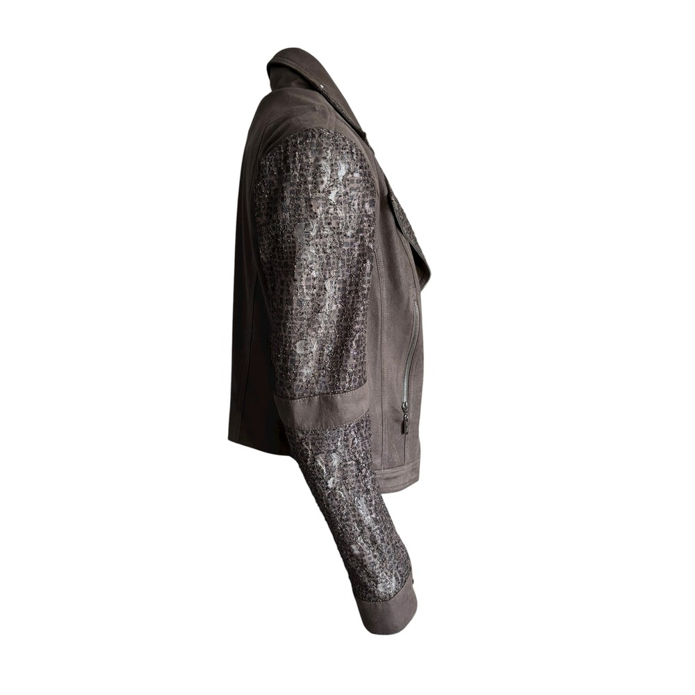 Joseph Ribkoff Brown Faux Suede & Zipper Moto Jacket Sequin Lace Panel Size M - Picture 6 of 9